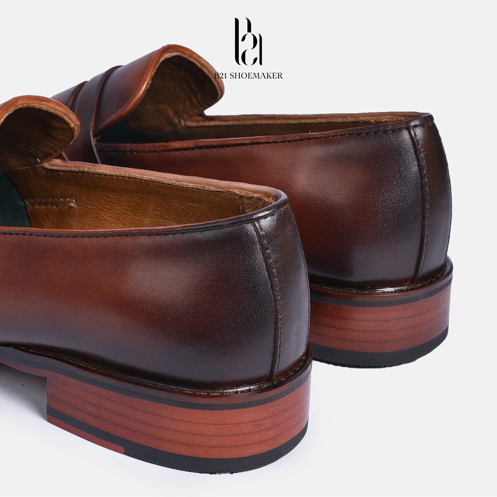 Giày Lười Loafer Da Bò Đánh Patina Đế Phíp Gỗ Lót Thoáng Khí 0,5cm Phong Cách CLASSIC Công Sở FULL BOX- B21 Shoemaker