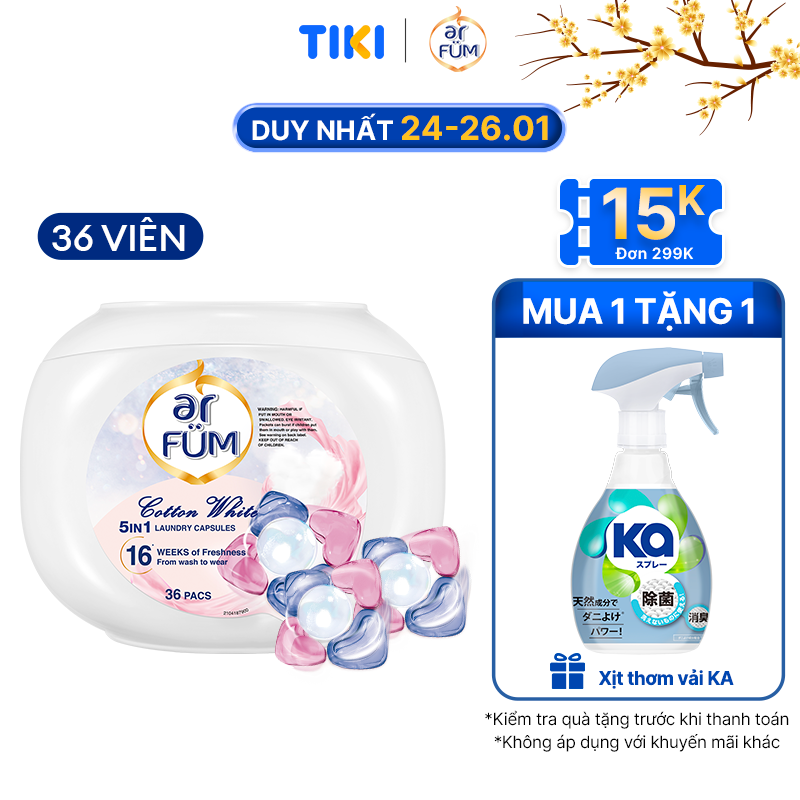 Viên giặt xả arFUM 5 trong 1 MỚI, tinh dầu nước hóa lưu hương lâu 16 tuần, khử khuẩn 99% - (36 viên/Hộp)