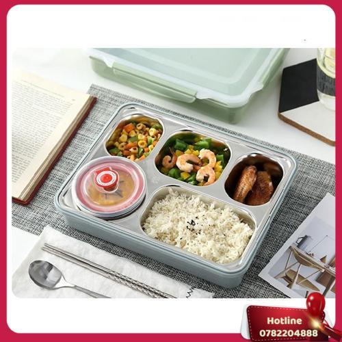 Hộp Cơm Văn Phòng Inox 5 Ngăn Giữ Nhiệt Nắp Đậy Chống Tràn Tặng Kèm Đũa Thìa Inox Tiện Ích, Khay Đựng Cơm Inox 304 - Miễn Phí Vận Chuyển