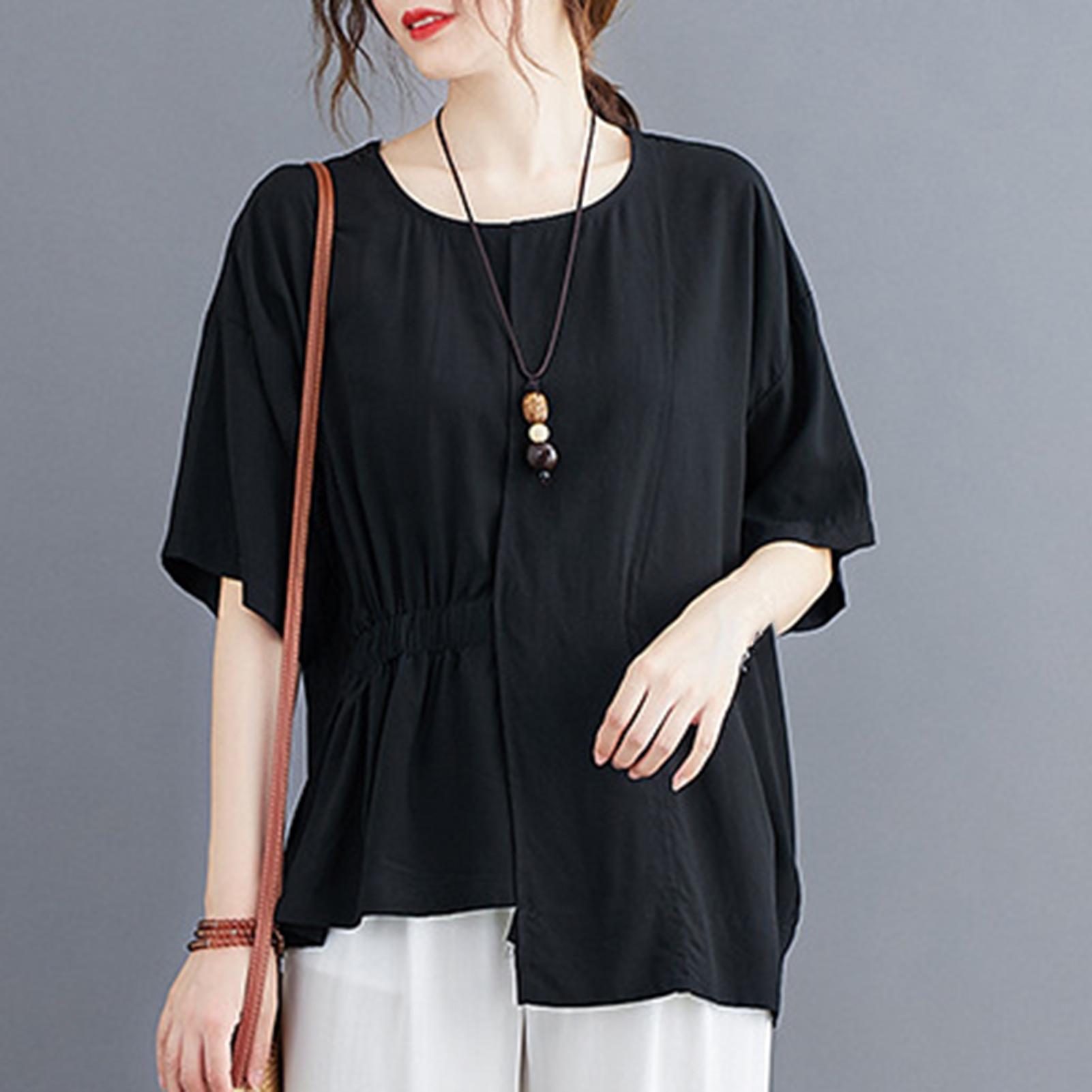 Fashion Women Solid Color Chiffon T-shirt O Neck Short Sleeve Ruched Irregular Hem Loose Casul Shirt Top