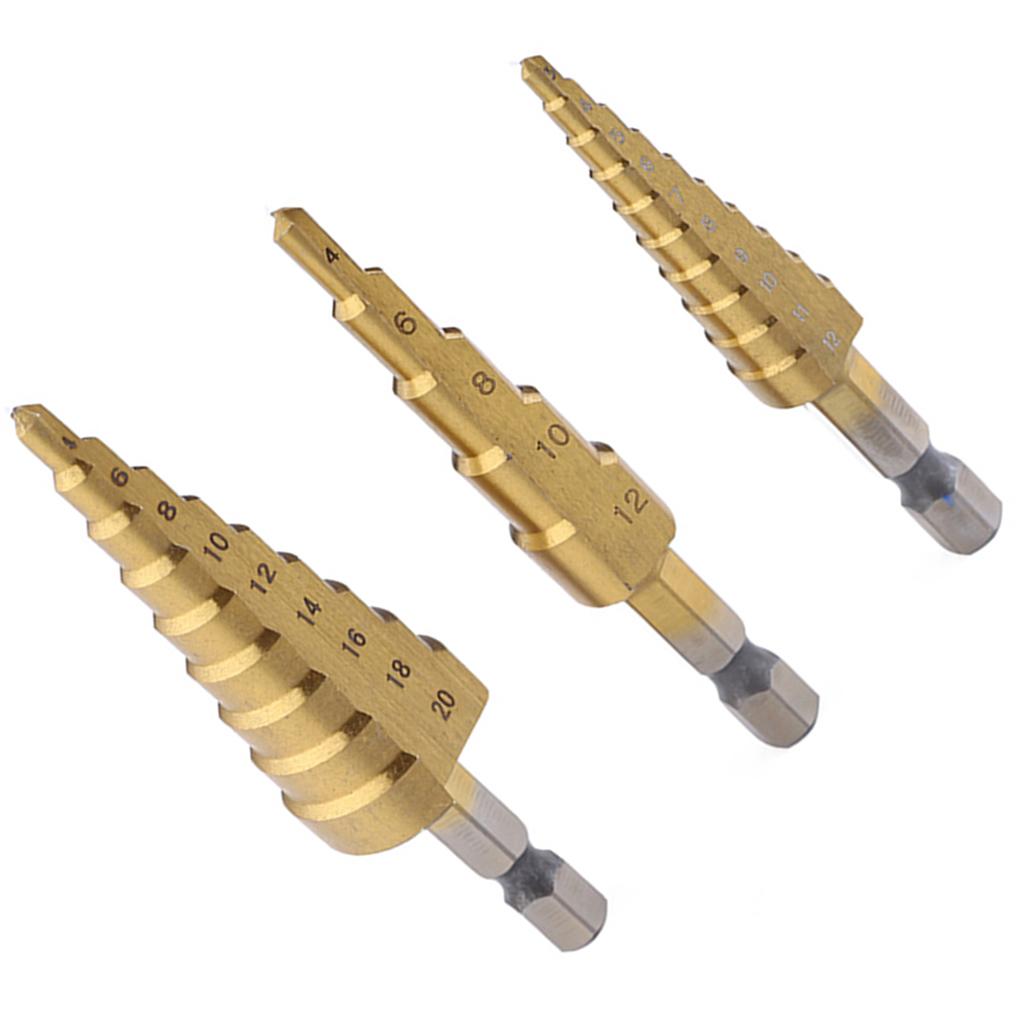 3pcs Step Titanium Cone Drill Hole Cutter Bit Set Tool Triangular Shank Set