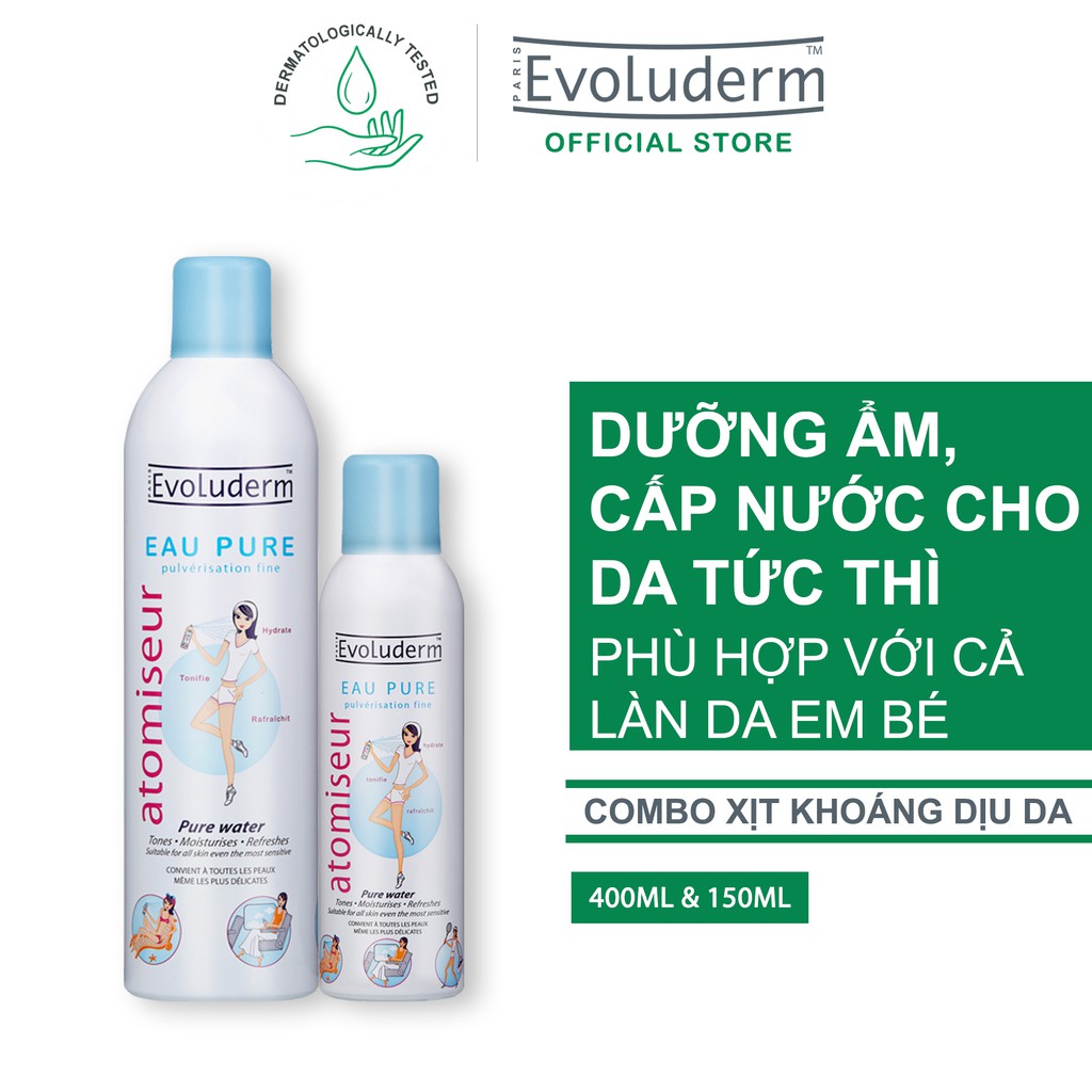 Bộ xịt khoáng dưỡng da cấp ẩm Evoluderm Atomiseur Eau Pure 400ml và 150ml