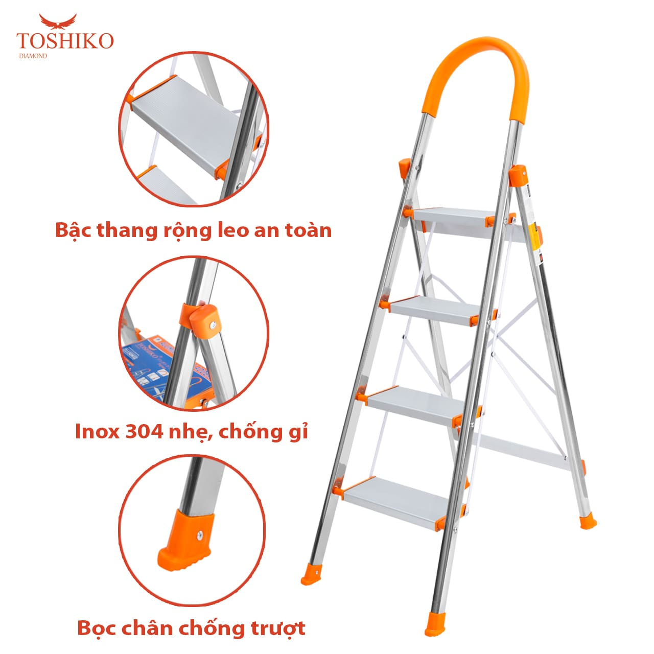 Thang Nhôm Ghế Tay Vịn 3,4,5,6,7 bậc chính hãng Toshiko Nhật Bản Bảo Hành 3 Năm