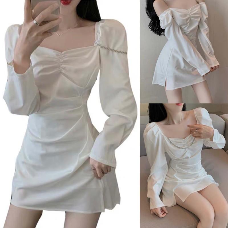 Đầm dáng chữ A nhún eo tay dài phối xích tháo rời
