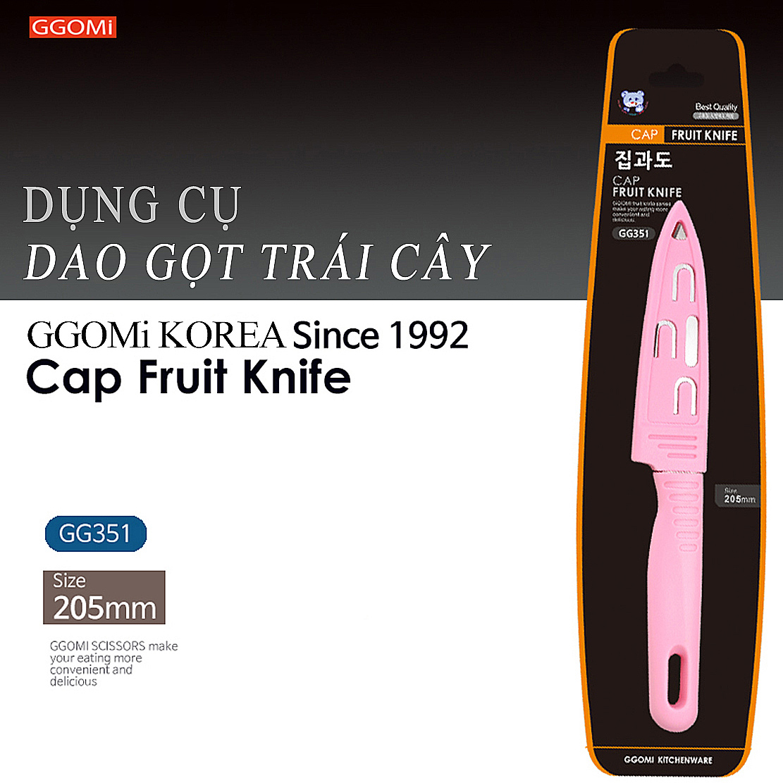 Dao gọt trái cây màu hồng có nắp bảo vệ dài 20.5cm, lưỡi dài 10.5cm, thép không gì GGOMi Hàn Quốc GG351