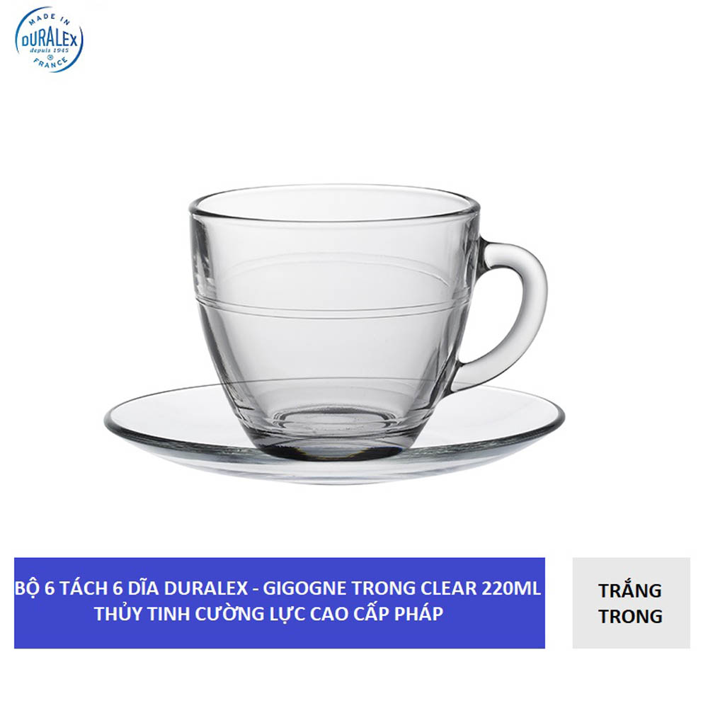 {Hàng chính hãng} Bộ 6 tách và 6 dĩa D9007A Duralex - Gigogne trắng Clear 220ml Thủy tinh cường lực cao cấp Pháp