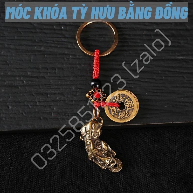 Móc Khóa Tỳ Hưu Kèm Xu Ngũ Đế Treo Xe Máy, Ô Tô, Túi Xách Phong Thủy May Mắn