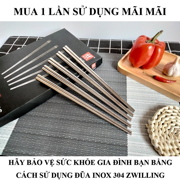 Set 5 đôi Đũa inox 304 dạng ống vuông chống trơn trượt xuất Đức hàng cao cấp