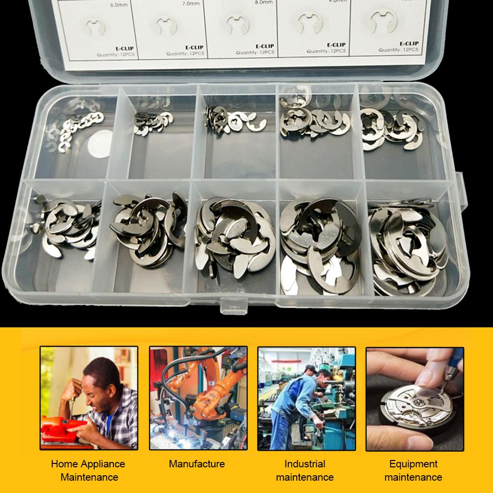 120PCS Stainless E Shape Clip Circlip Pin Retaining Snap R-ing Assorted Kit 1.5mm-10mm Portable
