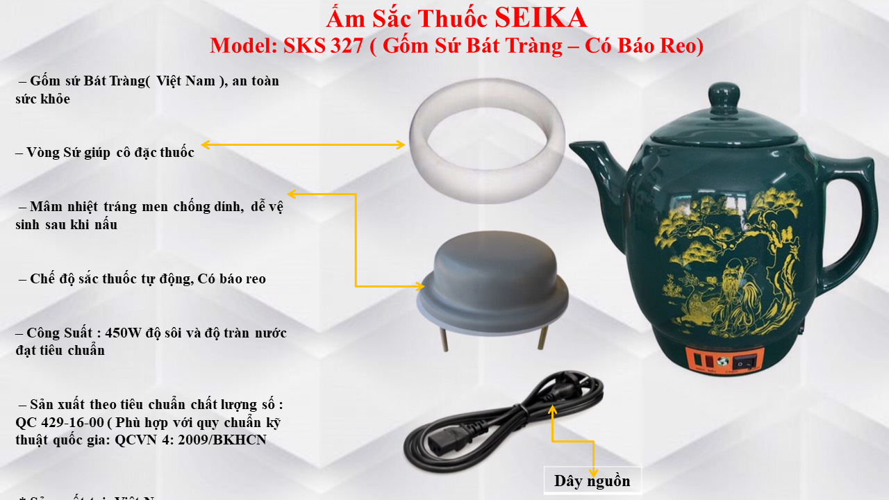 Ấm Sắc Thuốc Seika 3.2L - SKS327 (Gốm Sứ Bát Tràng) - Hàng chính hãng