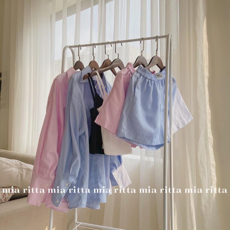 Set sơ mi và shorts kẻ xanh phong cách pyjama Mia Striped Shirt &amp; Boxer Short Mia Ritta A2059 Q381