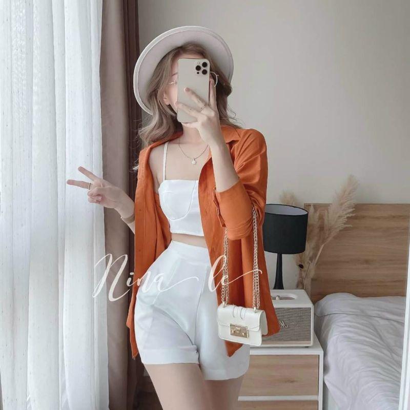 SET ÁO KHOÁC SƠ MI PHỐI ÁO BRA KÈM QUẦN NGẮN 4 MÀU