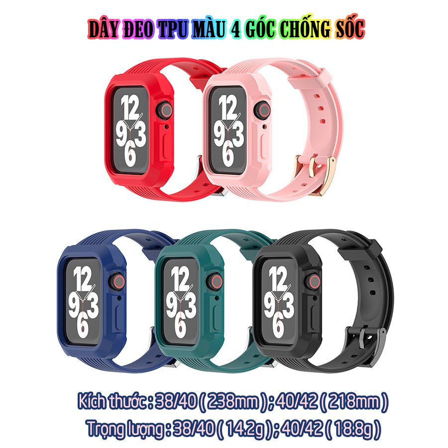 Dây Đeo liền ốp dành cho Apple Watch size 38/40/42/44mm TPU màu 4 góc chống sốc - Đen (tặng dán KCL theo size)