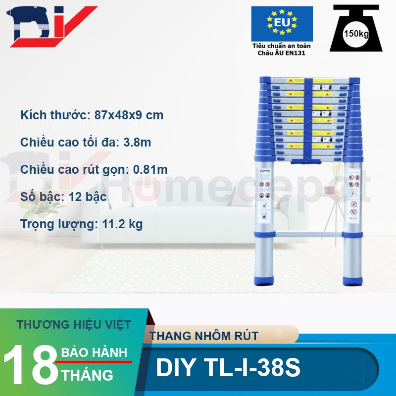 Thang nhôm rút đơn DIY TL-I-38S chiều cao sử dụng tối đa 3.8m - Hàng chính hãng - Tiêu chuẩn chất lượng an toàn Châu Âu