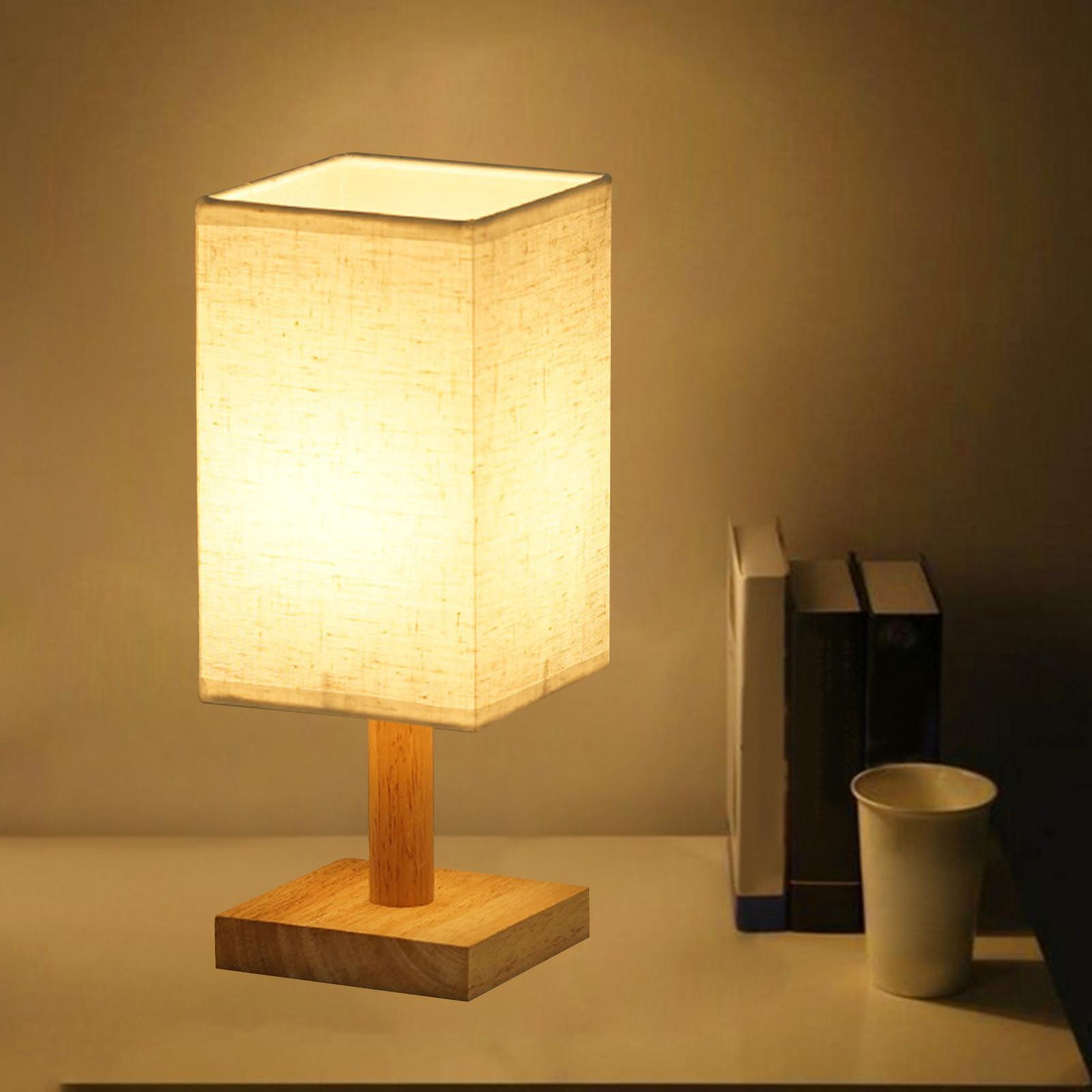 Bedside Table Lamp Decorative with Flaxen Fabric Shade Wood Base Warm White