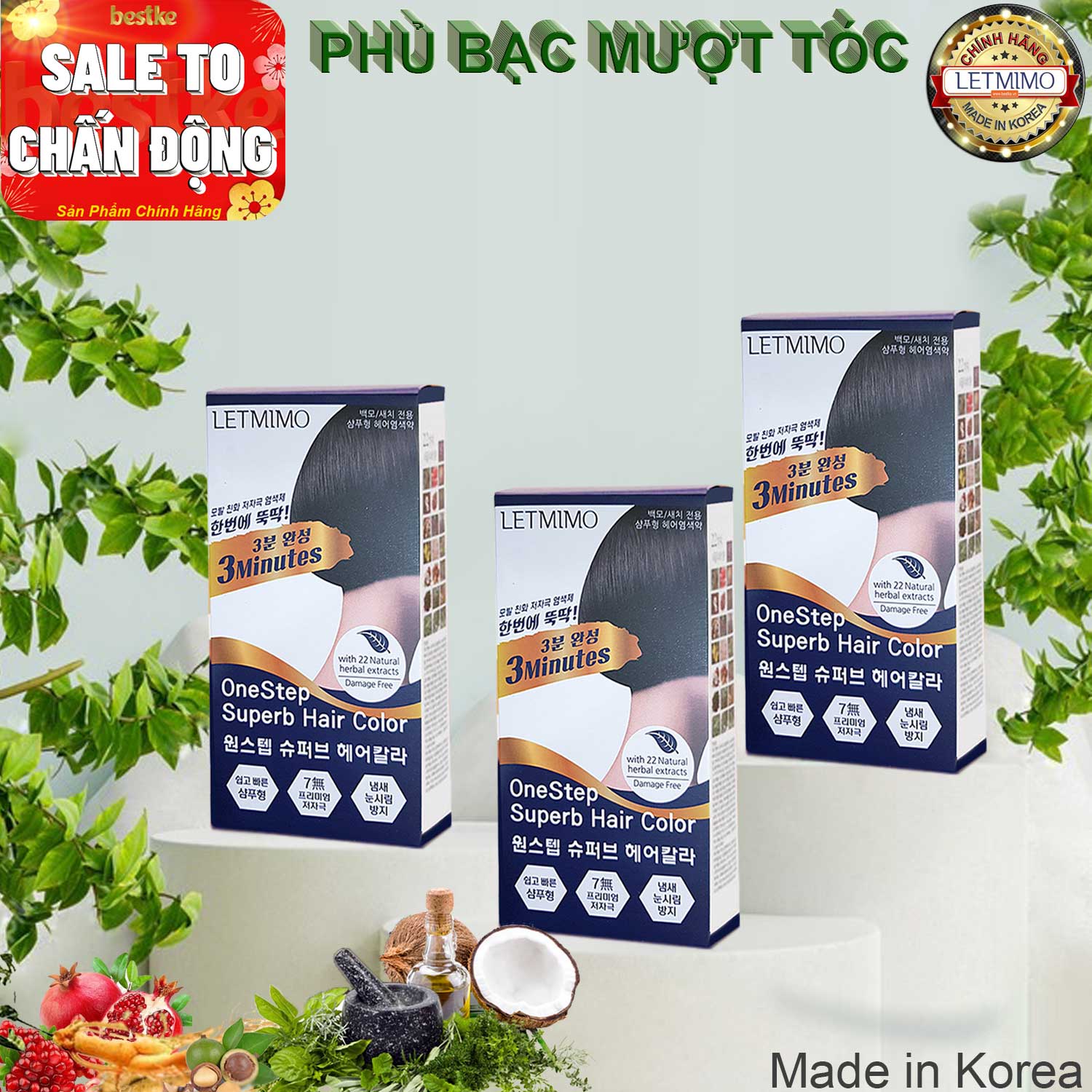 thuốc nhuộm tóc , màu đen 2N commbo 3 hộp = 15 gói , LETMIMO onestep superb hair color 2N dark brown