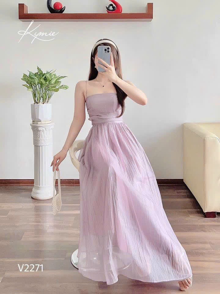 ĐẦM 2 DÂY XOÈ MOCKING PHÍA SAU LƯNG  MÀU Y HÌNH