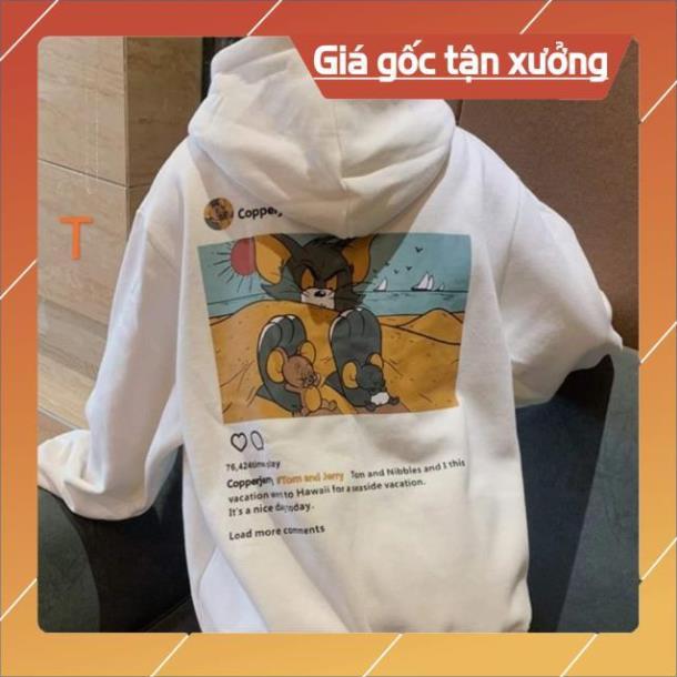 Áo hoodie nỉ TVSTORE ️ áo in hình mèo và 2 chú chuột nỉ cotton dày co giãn siêu ấm tay bồng form rộng màu trắng