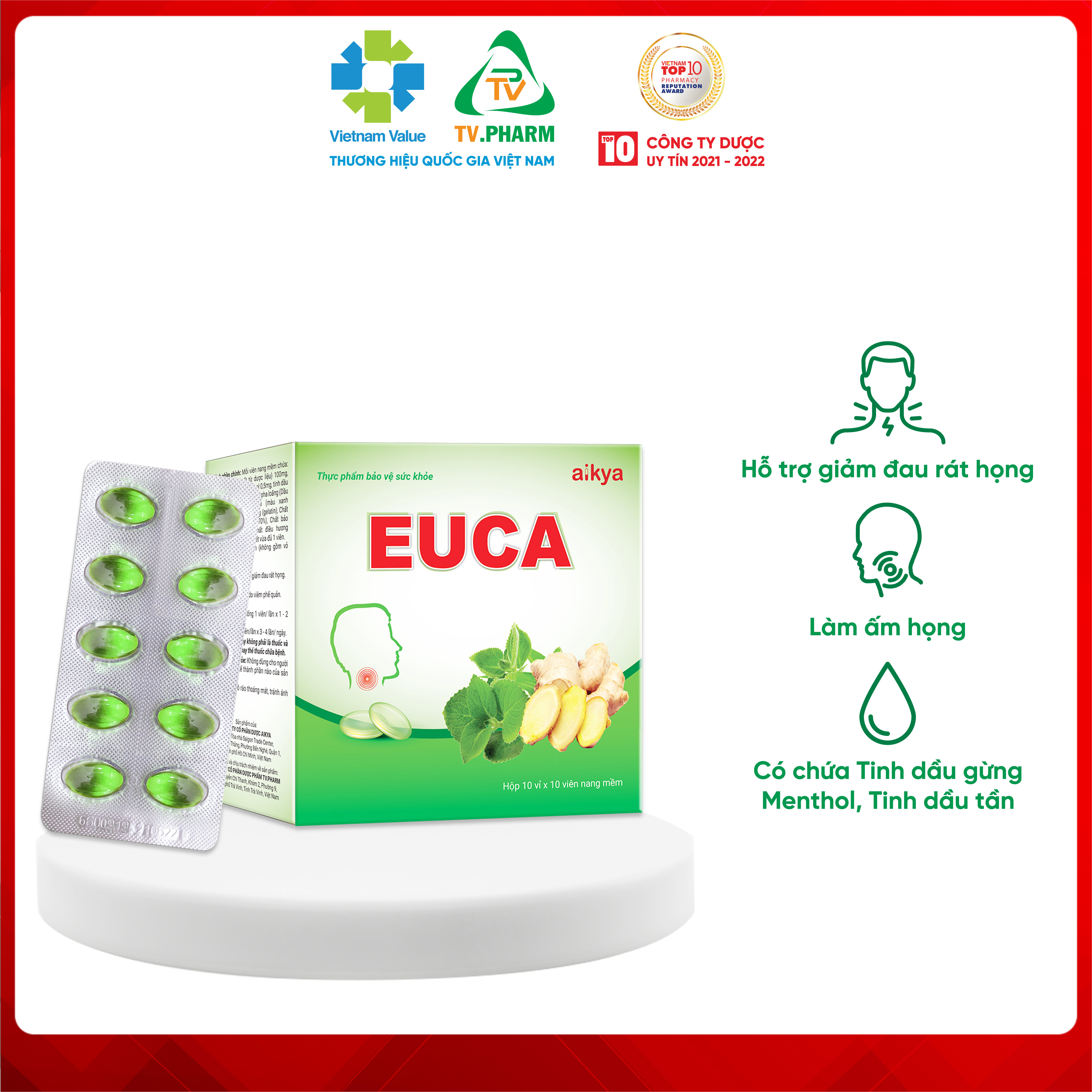 Thực phẩm bảo vệ sức khỏe EUCA - Hỗ trợ giảm đau rát họng, làm ấm họng