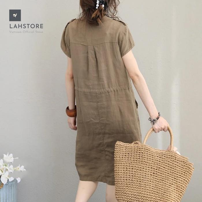 Hình ảnh Đầm linen nữ dáng suông cổ V túi hộp dây thắt eo LAHSTORE phong cách Hàn Quốc