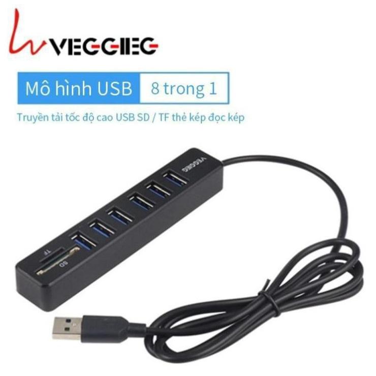 Hub VEGGIEG 8 in 1 Chia 6 Cổng Usb 2.0 Tích Hợp Đầu Đọc Thẻ Nhớ SD / TF - Hàng Chính Hãng