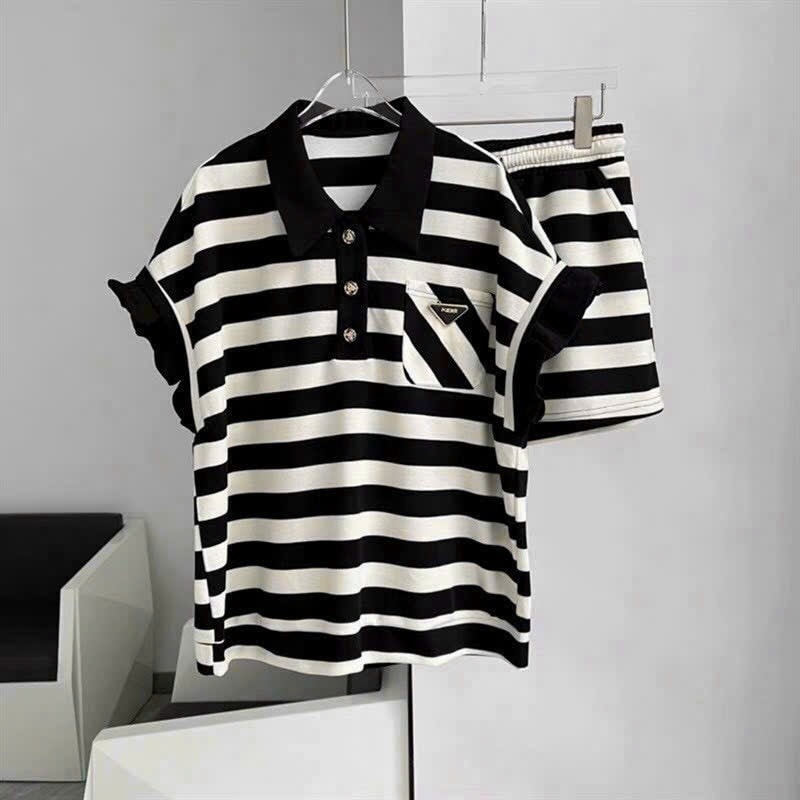 Set bộ short nữ thun sọc cổ bẻ - Hàng nhập cao cấp