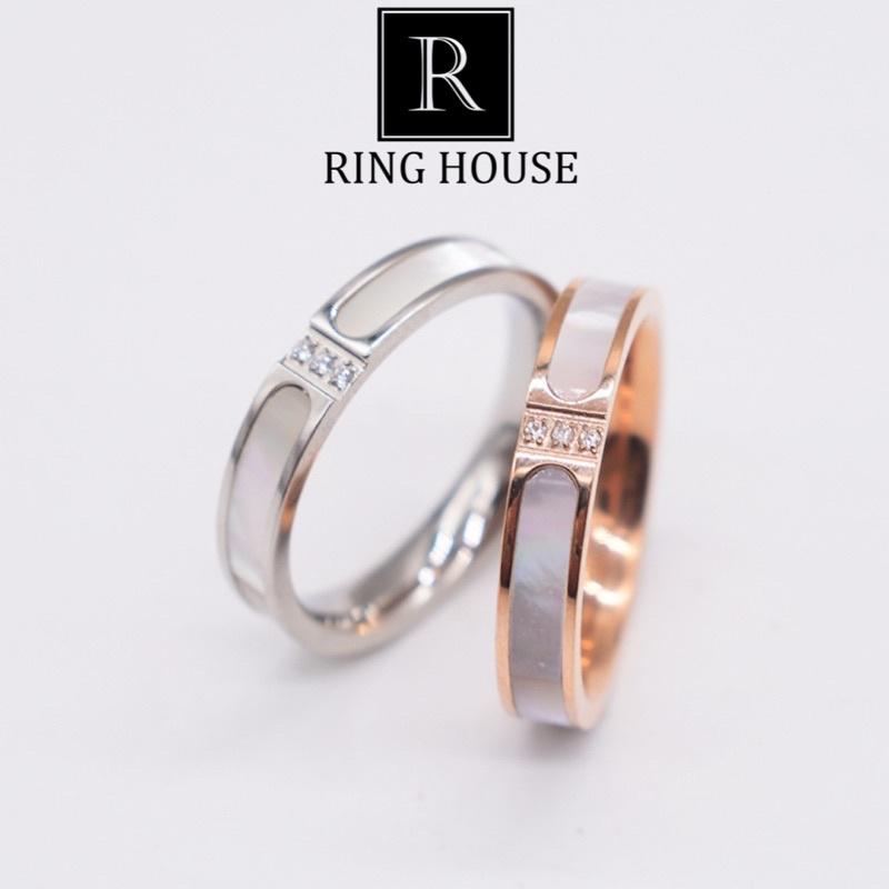 (Titan) Nhẫn Titan Cho Cặp Đôi Nam Nữ Khảm Xà Cừ Đính 3 Viên Ngọc Sáng Đẹp Ring House