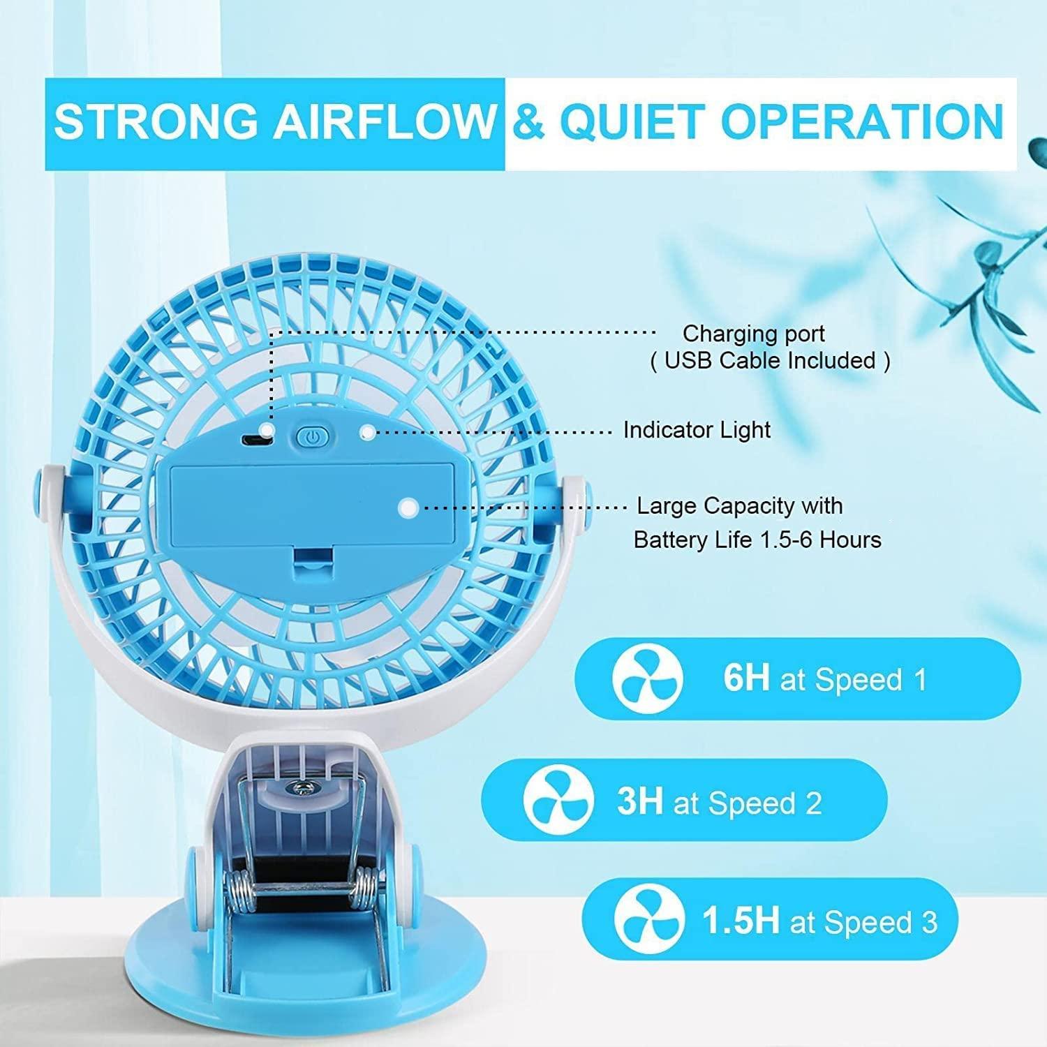 Quạt USB usb usb có thể sạc lại, luồng không khí mạnh mẽ, quạt bàn clip im lặng 3 tốc độ, điều chỉnh 720 ° cho văn phòng, khu cắm trại, xe đẩy, xe hơi, phòng tập thể dục
