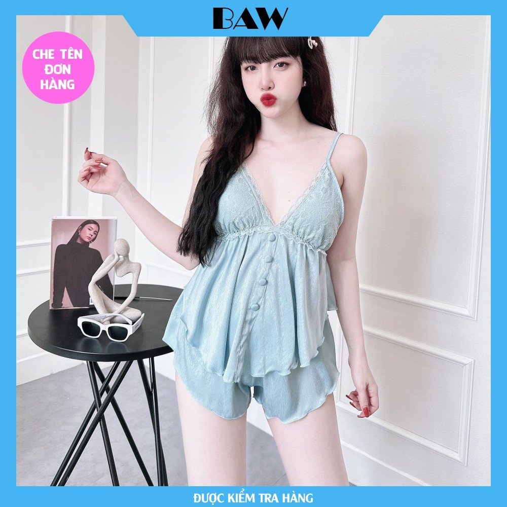 Đồ Ngủ Hai Dây Phối Ren Sexy Quyến Rũ Có Mút Ngực Thương Hiệu Baw, Chất Liệu Lụa Satin Mát Mịn KQA32