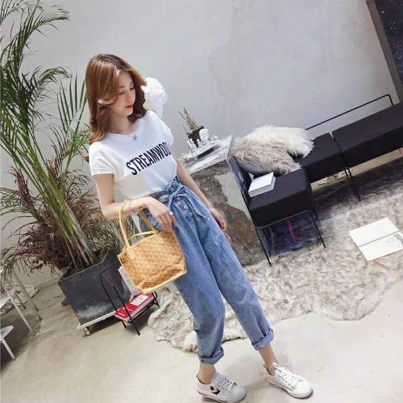 Quần jean dài ống rộng có dây rút thời trang cho nữ