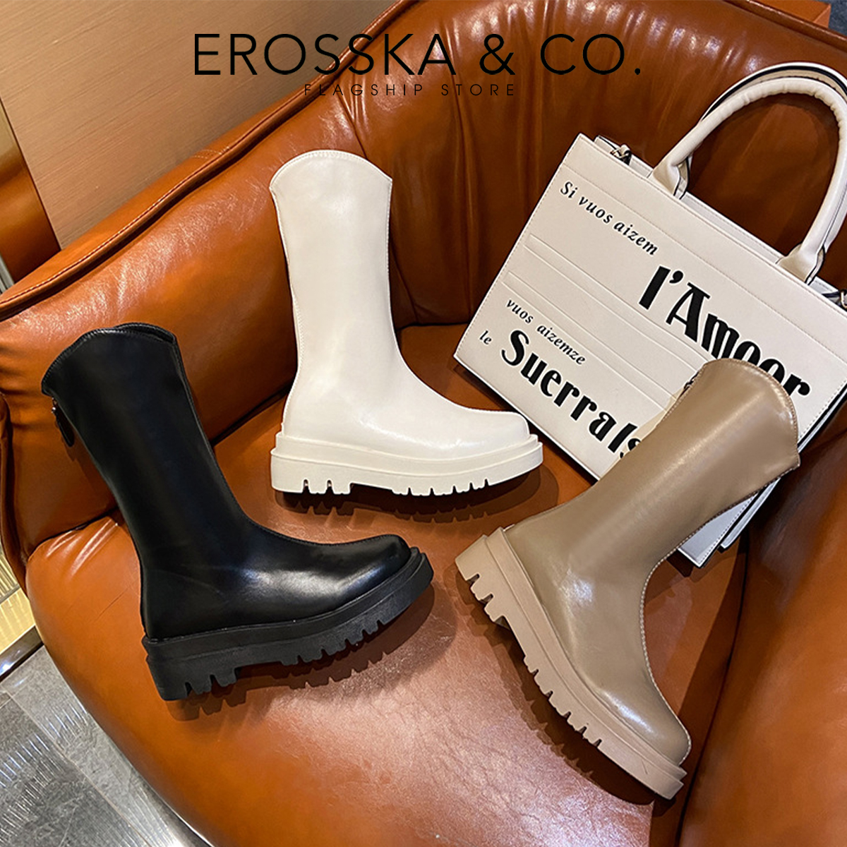 Erosska - Giày boot cổ cao mũi tròn có khoá kéo phong cách cá tính cao 5cm - GB009