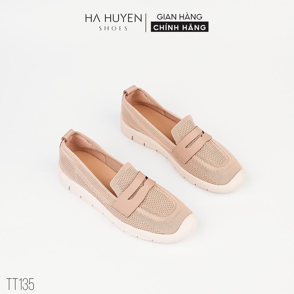 Giày slip on nữ Hà Huyền Shoes vải len lỗ phối đai da ngang dáng thể thao năng động - TT135