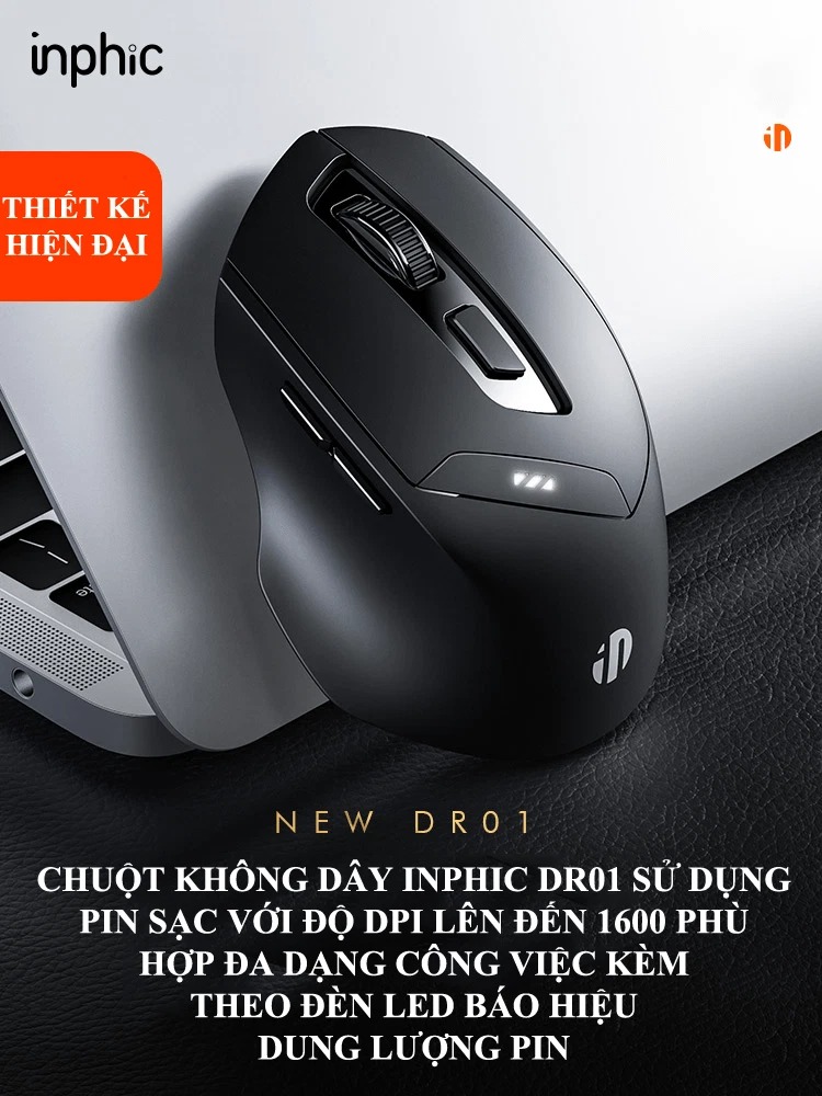 Chuột không dây INPHIC DR01 sử dụng pin sạc thiết kế hiện đại với độ DPI lên đến 1600 có đèn led báo hiệu dung lượng pin - HÀNG CHÍNH HÃNG