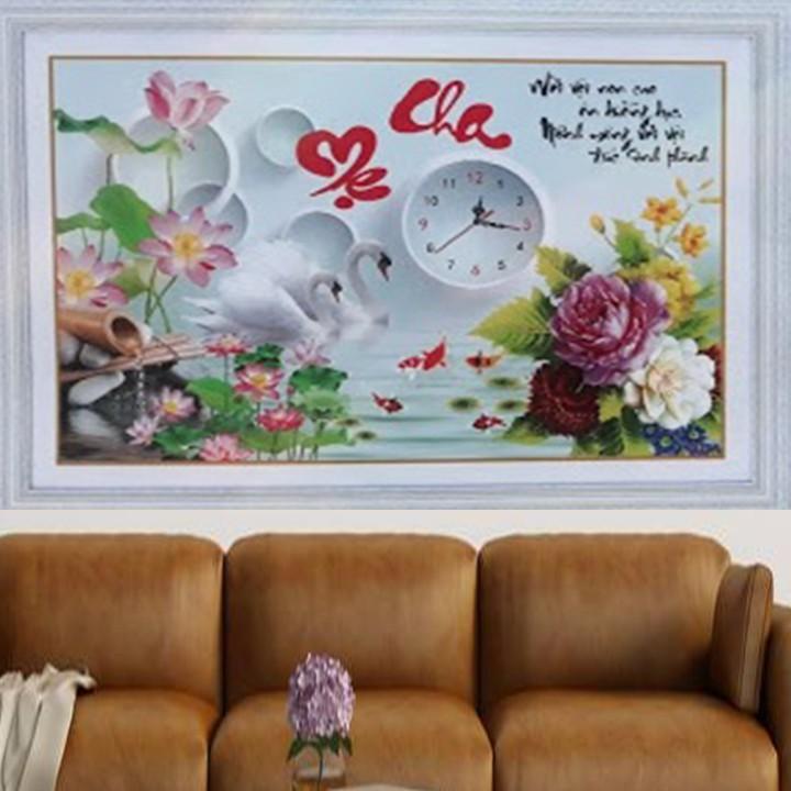 Tranh đá cha mẹ thiên nga đồng hồ hoa sen YN5529 - kích thước: 70 * 50cm.