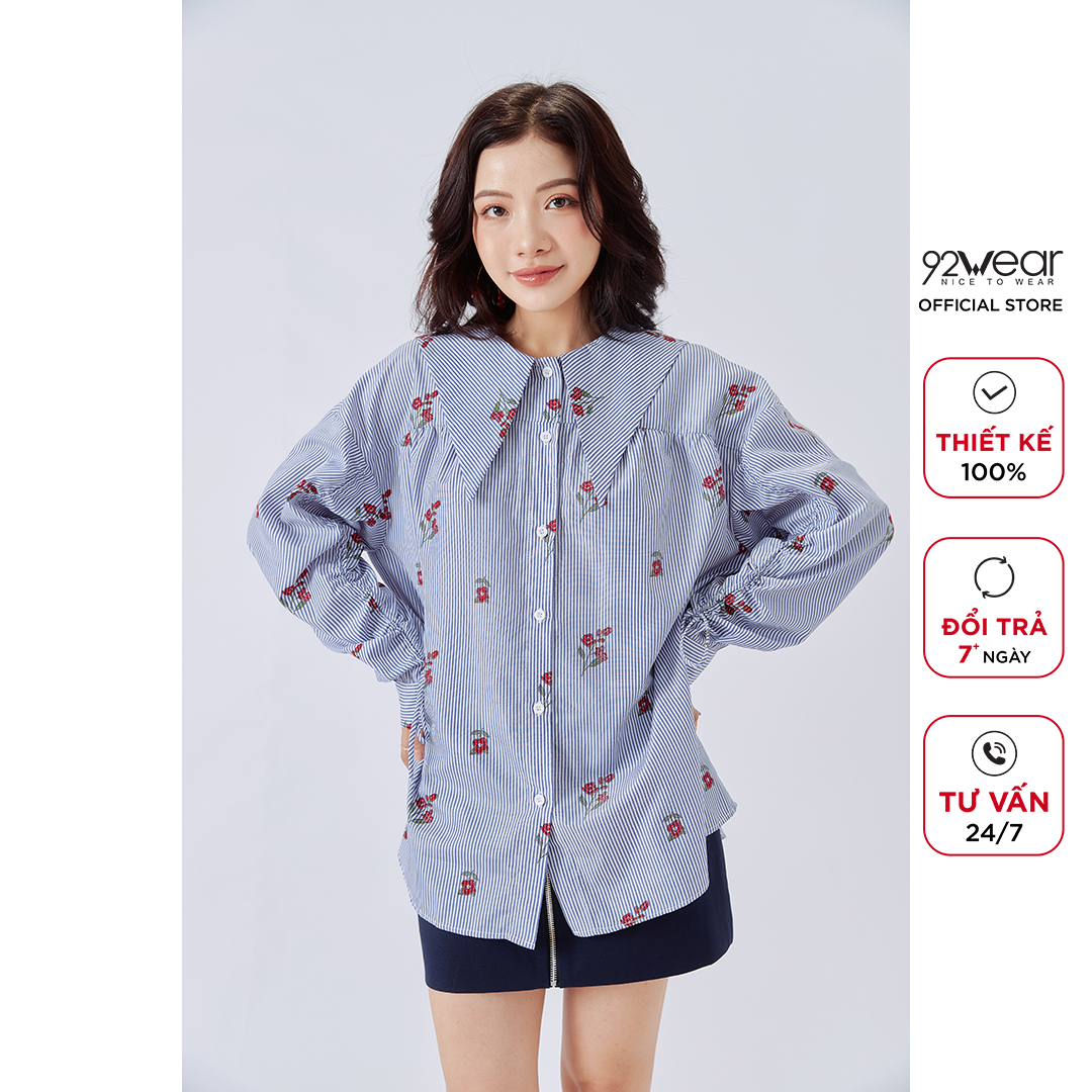 Áo sơ mi nữ dài tay 92WEAR, kẻ hoa tay rút dây trẻ trung, cá tính ASW1104