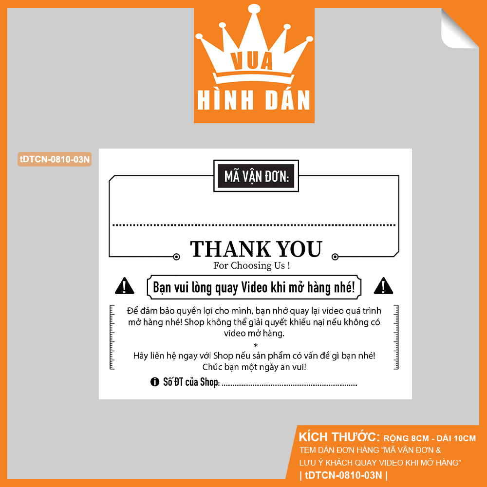 Set 50/100 tem mã đơn hàng, mã vận đơn và nhắc quay video mở hàng thiết kế trắng đen đơn giản