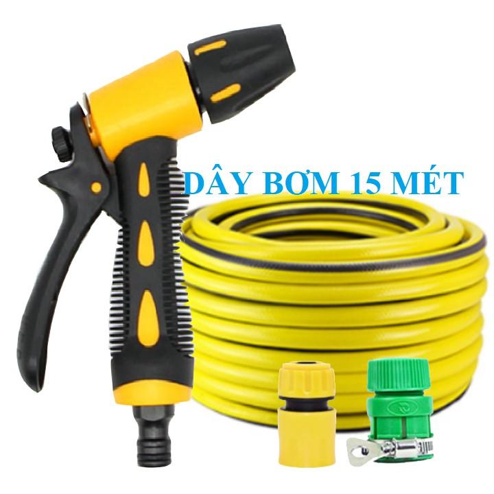Bộ dây vòi xịt nước rửa xe, tưới cây . tăng áp 3 lần, loại 15m 206236 đầu đồng,cút,nối vàng+ tặng đai