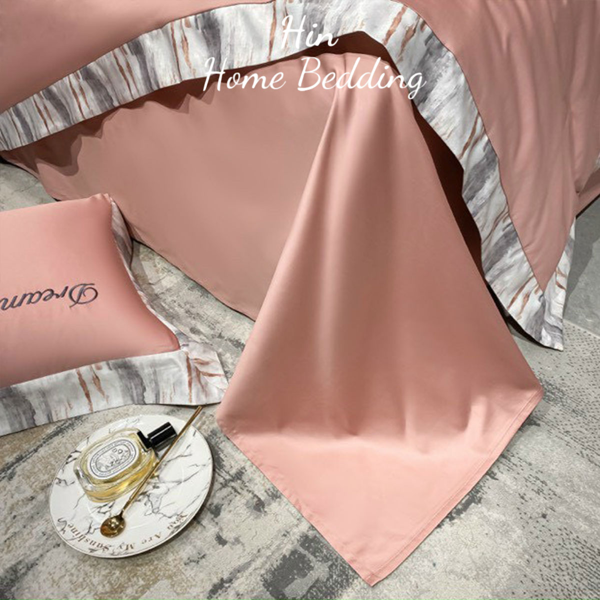 Bộ Chăn Ga Gối Đệm 5 Món Chăn Bông Hin Home Bedding Drap Giường Lụa Mẫu Hồng