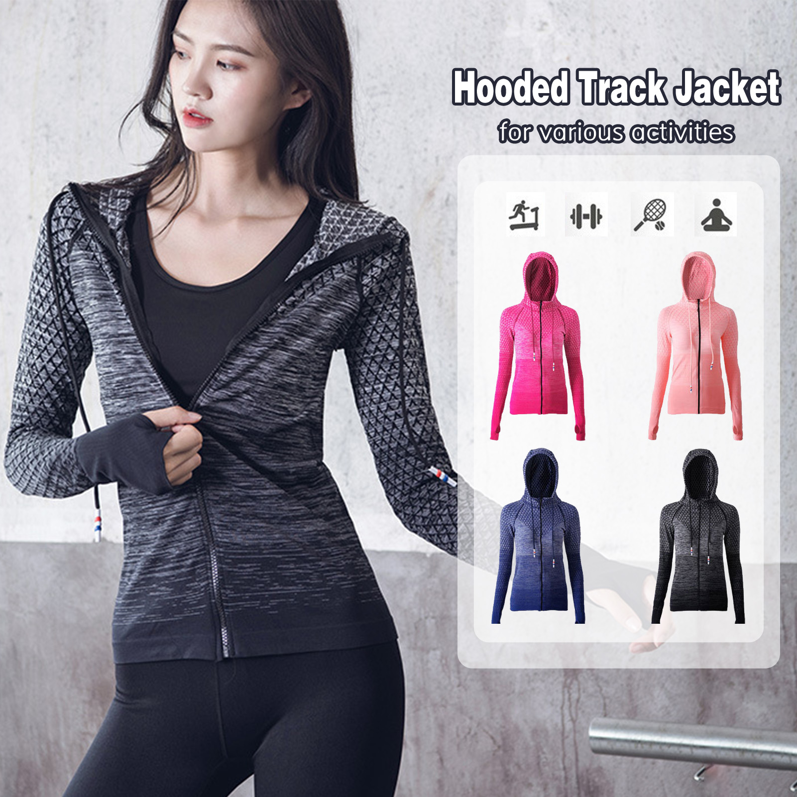 Áo khoác có mũ trùm đầu, mỏng nhẹ, dày tay có lỗ xỏ ngón, dây kéo bền chắc, thoáng khí, tập thể dục, thể thao