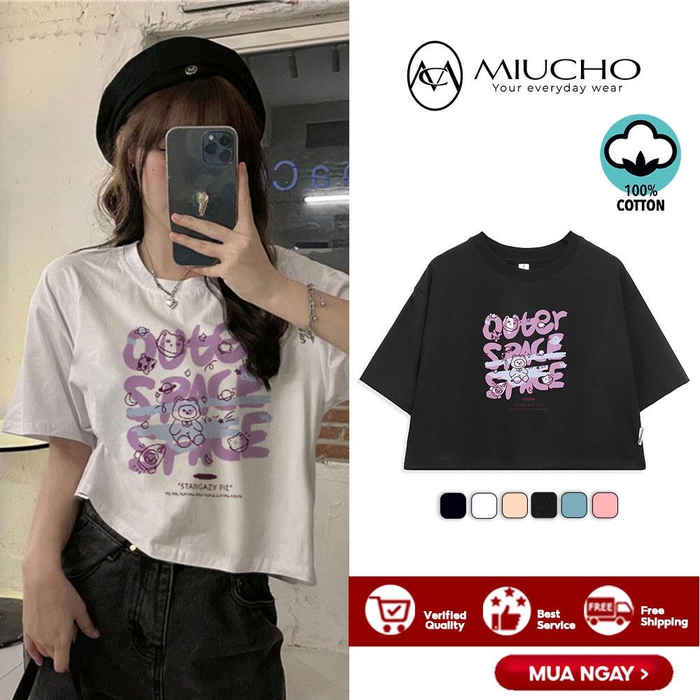 Áo croptop nữ tay ngắn cổ tròn vải thun cotton kiểu hàn quốc CR028 Miucho in hình hoạ tiết