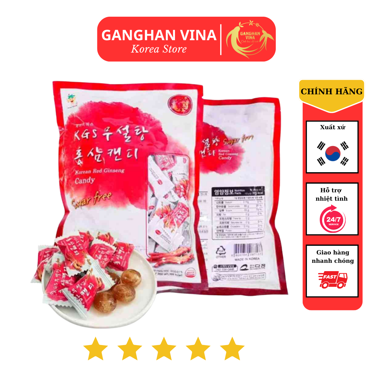 Kẹo Hồng Sâm Không Đường Sugar Free KGS Hàn Quốc (gói 300g)