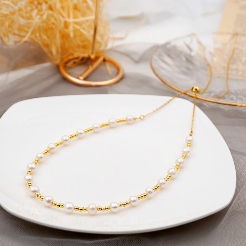 Dây Chuyền Ngọc Trai Hạt 8ly Mix Bi Titan, Vòng Cổ Ngọc Trai Thật Nước Ngọt Sang Trọng - Trường Thịnh Ngọc Trai