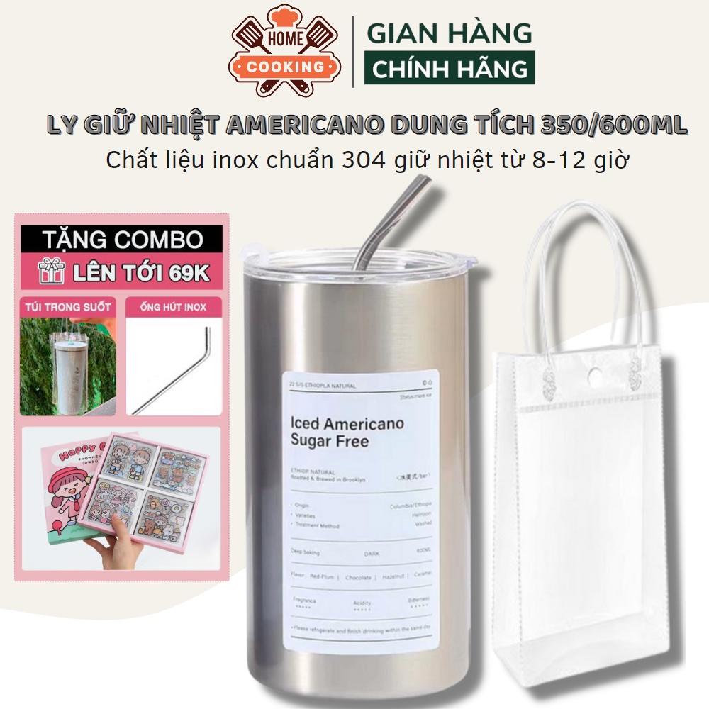 Ly giữ nhiệt Americano dung tích 350/600ml, cốc giữ nhiệt uống cafe inox 304, giữ nhiệt từ 8-12 giờ, tặng kèm ống hút
