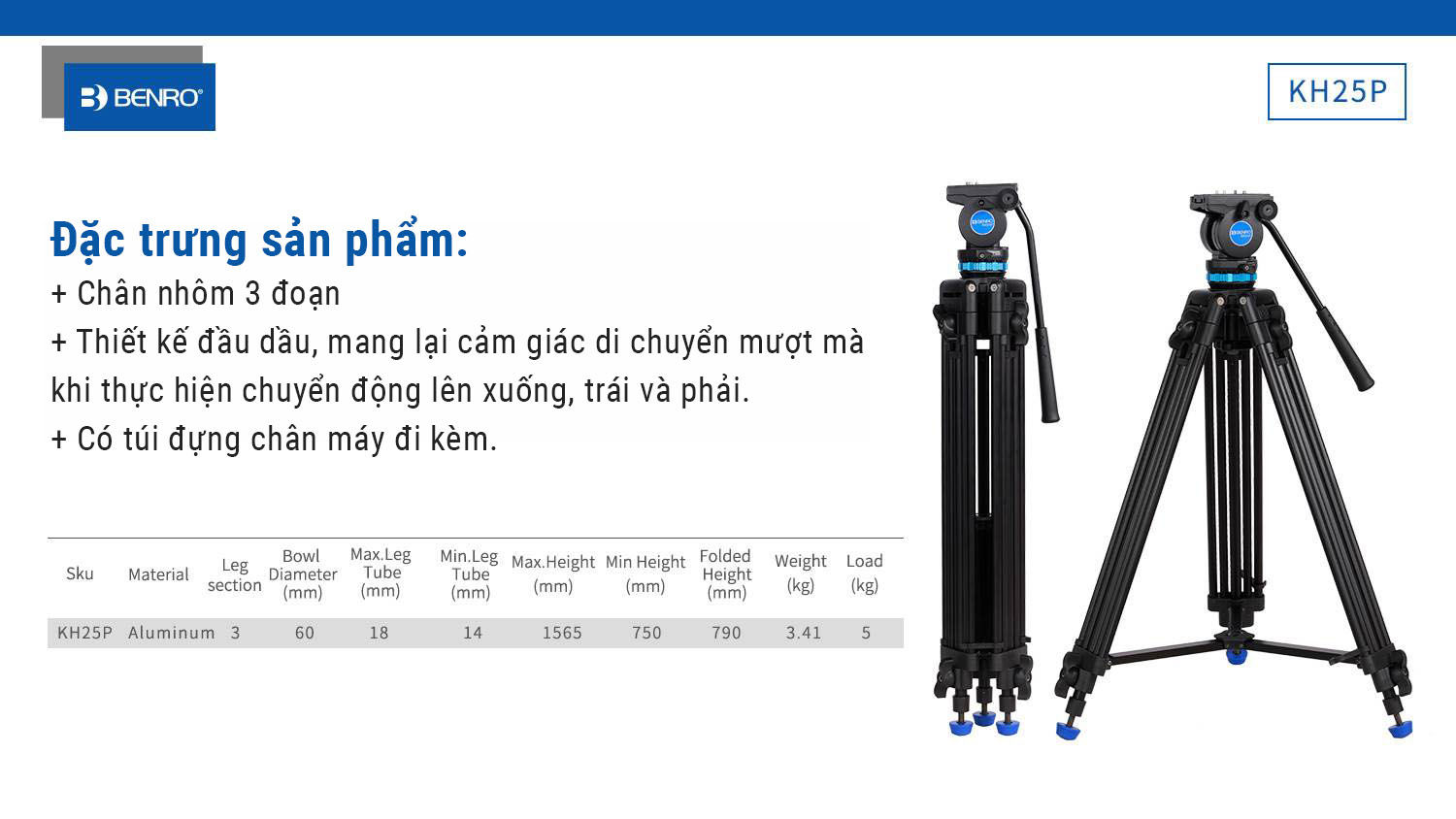 Chân máy ảnh Benro KH-25P, Hàng nhập khẩu