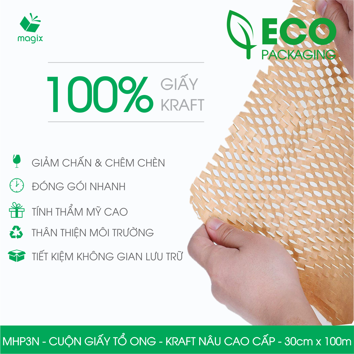 MHP3N - 30cm x 100m - Cuộn giấy tổ ong chống sốc - Kraft nâu Cao Cấp - Giấy gói hàng, gói quà