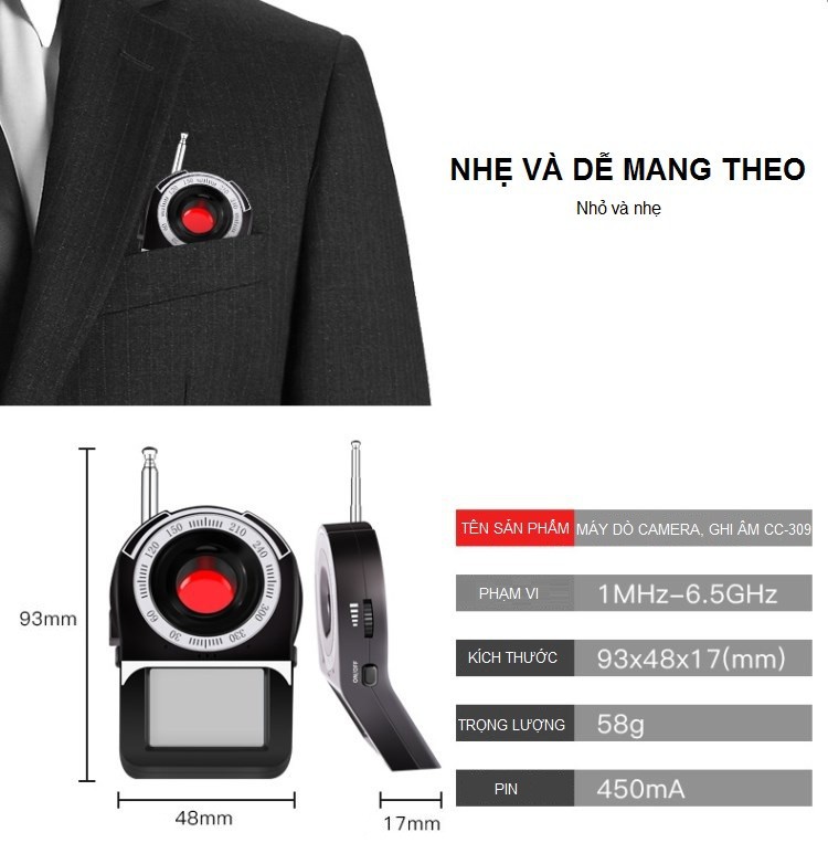 Máy dò tìm camera mini thông minh nhanh, chính xác CC309 (Tặng 3 nút kẹp cao su giữ dây điện màu ngẫu nhiên)