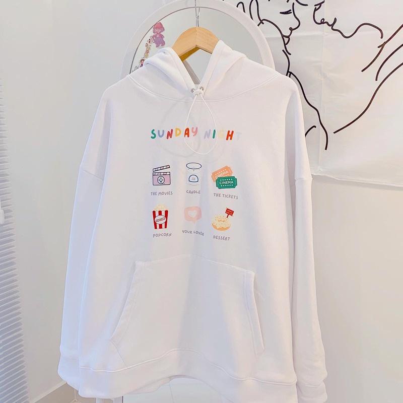 ÁO HOODIE SWEETIE SUNDAYNIGHT, In Hình Thêu TO Form Rộng Hàn Quốc, Áo Hoodie Freesize Nỉ Dày Mềm Mịn Dễ Thương