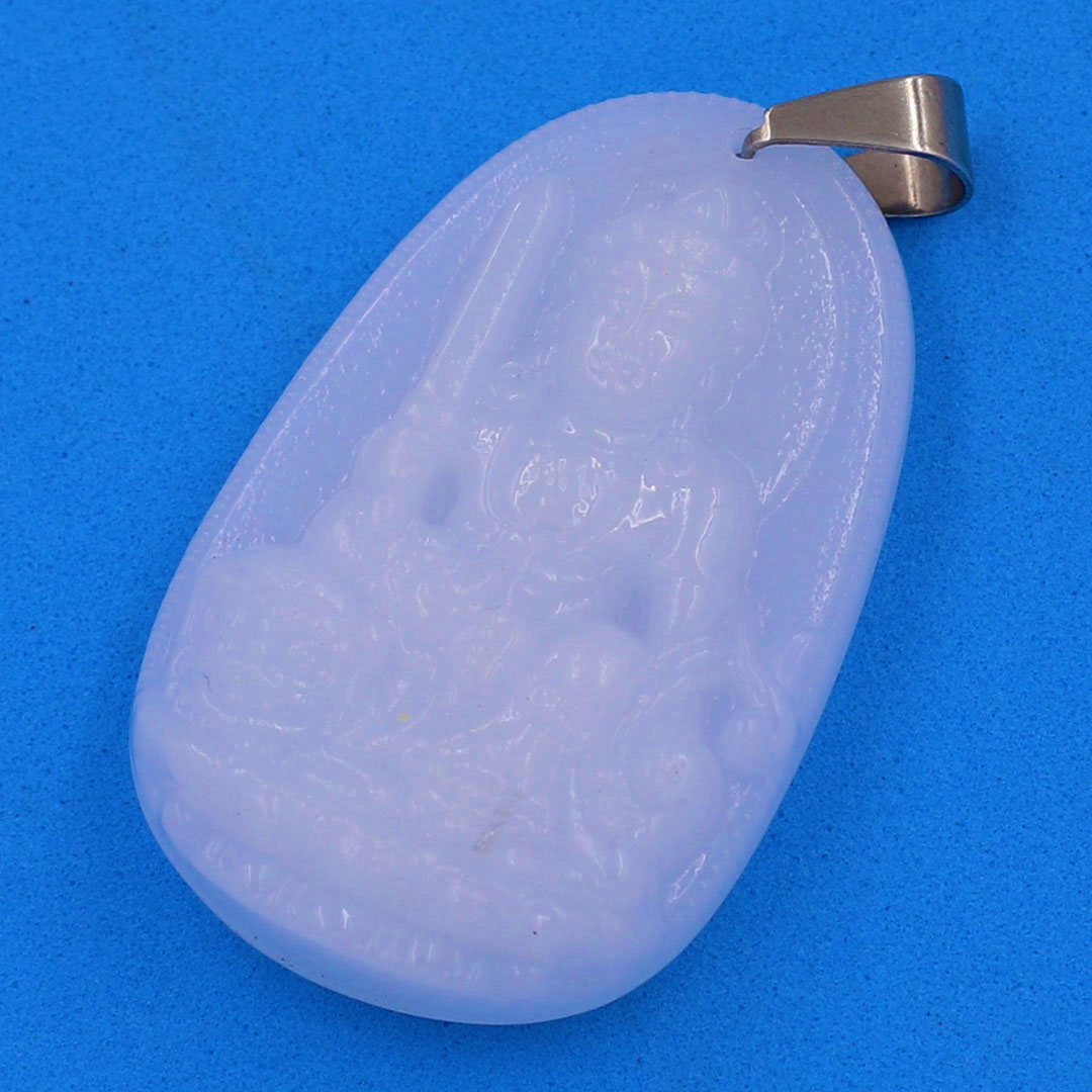 Mặt Phật Văn thù đá thạch anh trắng 5 cm kèm móc và vòng cổ dây cao su, Mặt Phật bản mệnh size L, mặt dây chuyền Phật