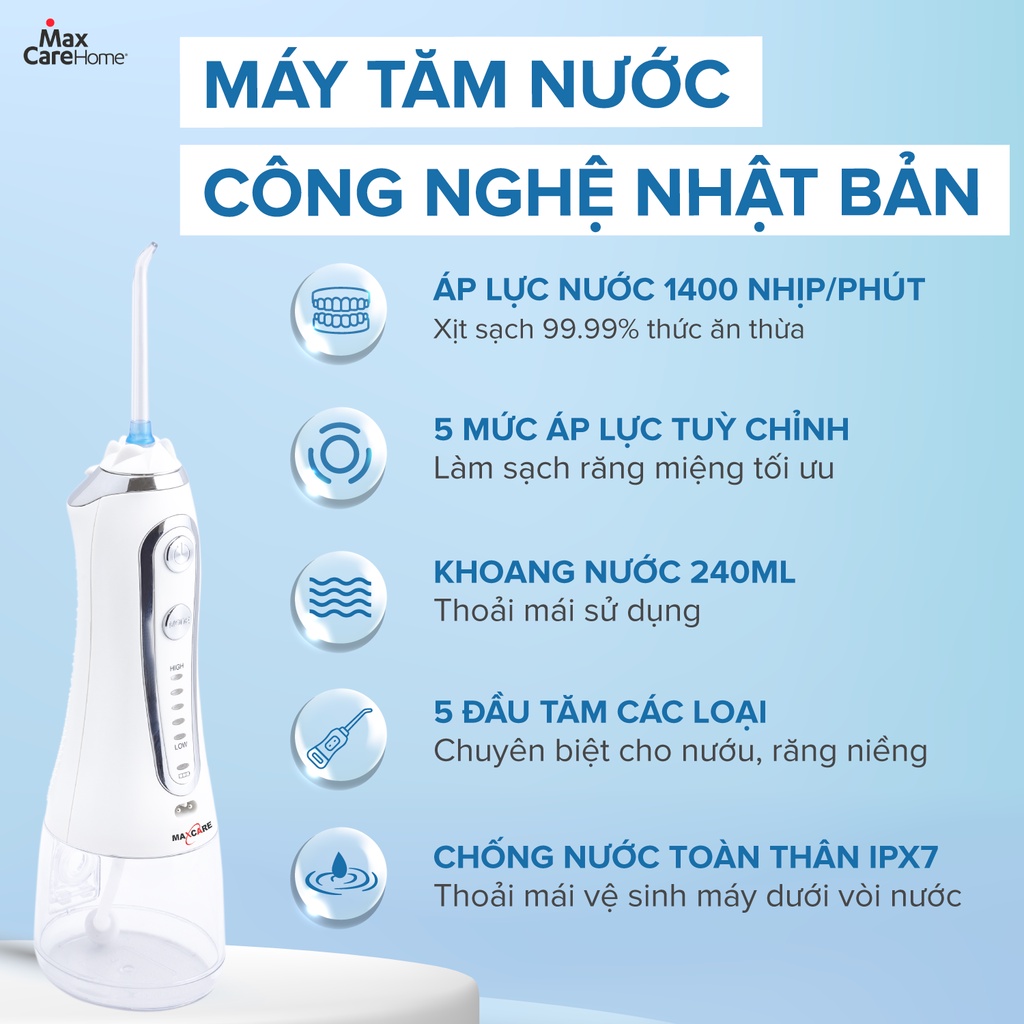 Máy tăm nước cầm tay vệ sinh răng miệng từ Nhật Bản chính hãng Maxcare Max456SE - khoang nước nhỏ gọn 240ml với túi chống sốc đi kèm, dễ mang mang đi, pin sạc dùng trong nửa tháng