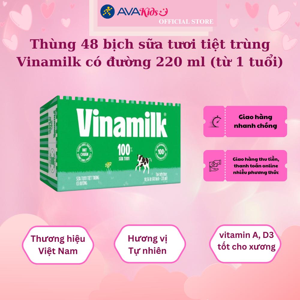 Thùng 48 bịch sữa tươi tiệt trùng Vinamilk có đường 220 ml (từ 1 tuổi)